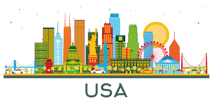 USA Skyline with Color Skyscrapers and Landmarks isolated on white. vector