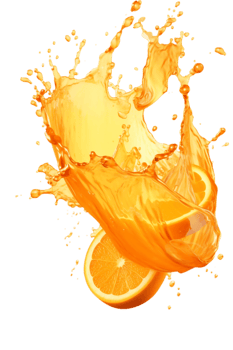 orange juice splash with orange slices on transparent background png