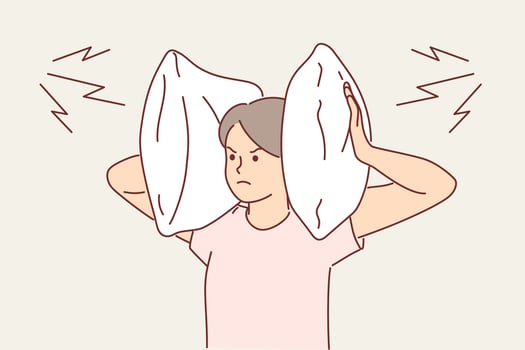 Irritated woman covers ears with pillow so as not to hear noise from neighbors who are having party. Gloomy girl tries to escape from loud music that interferes with sleep and closes ears vector