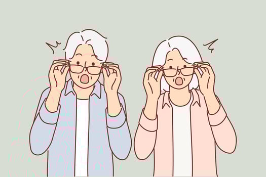 Elderly surprised couple takes off glasses and looks at screen after learning about big promotions and sales for shopping. Surprised grandparents shout wow and feel excited about unexpected news vector