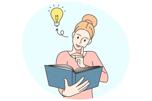 Young woman reading book get creative business idea. Female engaged in reading generating innovation. Knowledge and intelligence. Vector illustration.