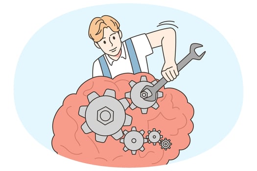 Man with instruments fixing brain. Male psychologist or psychiatrist repair patient mind with tools. Mental health recovery. Vector illustration.