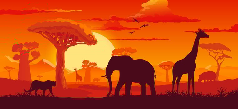 African sunset landscape with animals silhouettes vector