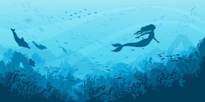 Mermaid silhouette and fish, underwater landscape vector