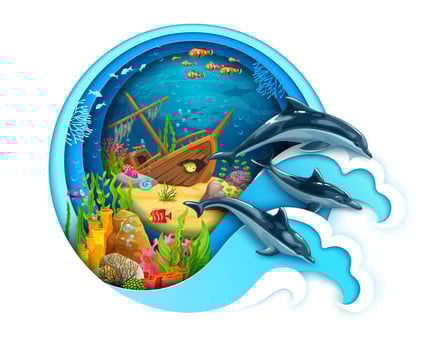 Sunken ship, dolphins on paper cut sea landscape vector