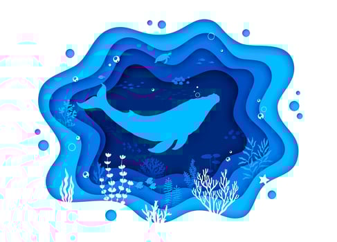 Sea landscape paper cut banner, whale silhouette vector