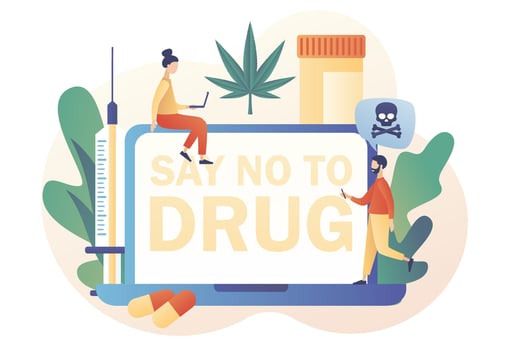 International day against drug abuse. Say no to drug. Addiction treatment, narcotic addict medication. Modern flat cartoon style. Vector illustration on white background