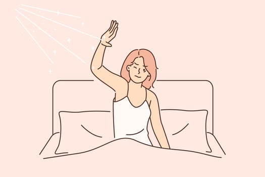 Morning awakening of woman dissatisfied with sun rays that interfere with sleep in bed. Girl sleeping in bed in bedroom wakes up due to bright sun and lack of curtains blocking sunlight vector