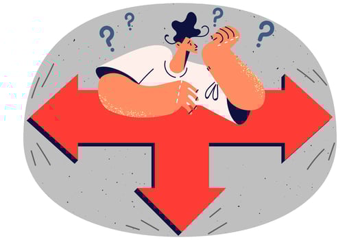 Pensive man thinking making decision about career change. Frustrated male feel confused stand on crossroad deciding which way to take. Vector illustration.