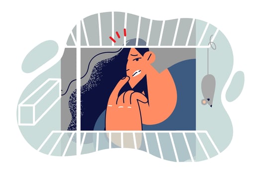 Hungry woman looks into empty refrigerator and is surprised at lack of food and dead mouse. Girl stands near empty refrigerator, thinking where to get money to buy ingredients for cooking dinner. vector