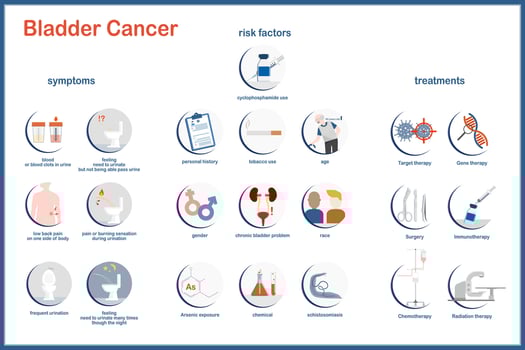 Vector illustration. Flat style. Bladder cancer, symptoms, risk factors and treatments. Medical illustration concept.