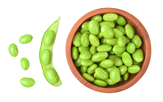 Green soy beans in wooden bowl on transparent png top view.