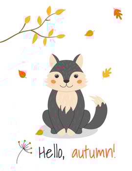 A4 poster with cute wolf and autumn leaves in cartoon style. Forest animals and plants. Hello, autumn. vector