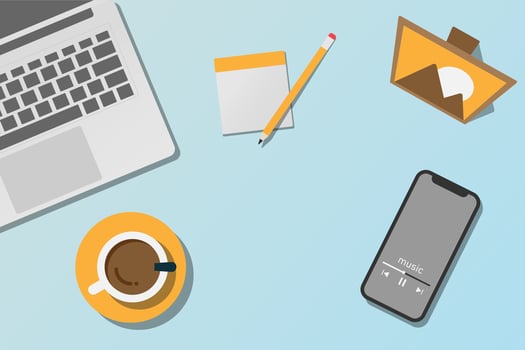 Desktop background. Top view of modern workplace. Office supplies, laptop, notebook, phone, coffee, plant, photo, stickers. Vector illustration.