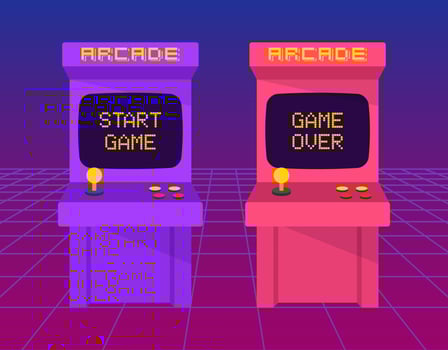 Retro arcade game machine. Retro style. 80's console pixel games. Neon vintage. Classic 8-bit game. Vector illustration.