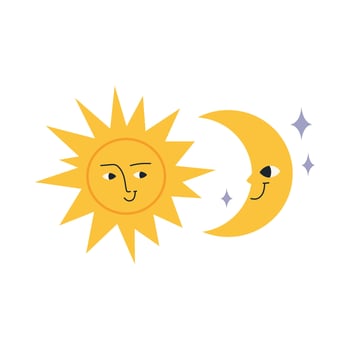 Sun and moon, cartoon style. Cute character. Trendy modern vector illustration isolated on white background, hand drawn