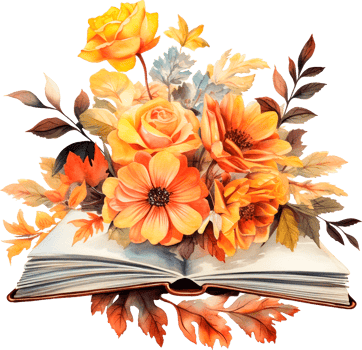 Watercolor autumn composition with open book and fall flowers. png