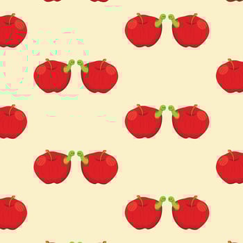 Red apple with a smiling worm. Seamless pattern. Vector illustration.