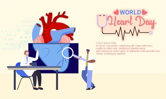 World heart day poster campaign in cartoon character treatment and health care awareness and flat design at 29 September vector