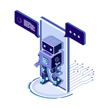 Artificial intelligence processing data on smartphone screen. AI in the form of bot coming out of the screen phone and offers to use digital mind. Isometric png