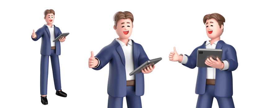 3d businessman executive  pose wearing suit standing holding tablet pointing advertising isolated on white background, 3d rendering png