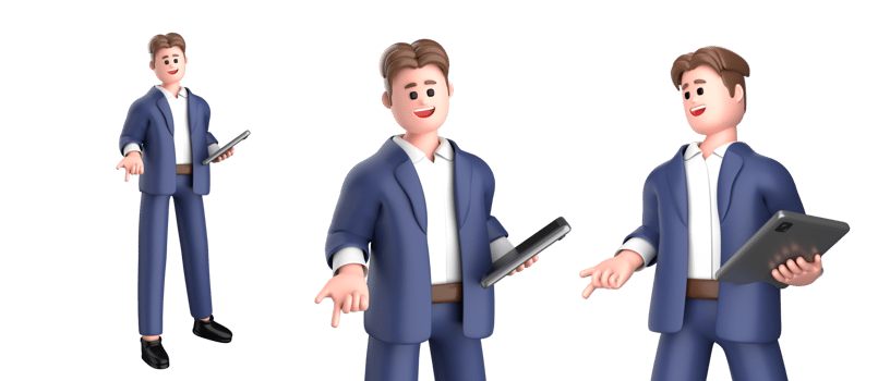3d businessman executive  pose wearing suit standing holding tablet pointing advertising isolated on white background, 3d rendering png