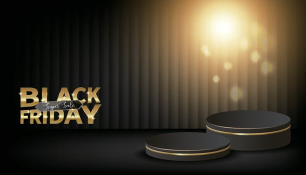 Modern black friday sale stand, background, poster, banner for business sale with balloons and gifts vector