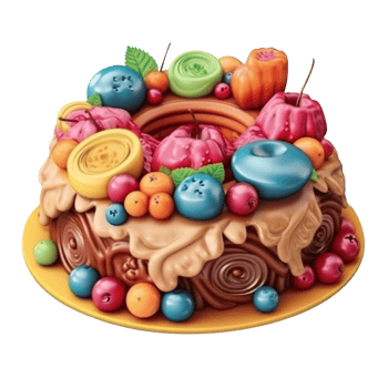 A cake decorated with beautiful colorful desserts. 3D clay illustration, ai generative. png