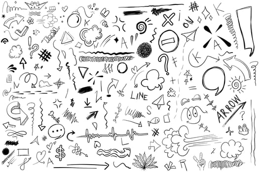 doodle set elements abstract arrows  lines  stars  text bubbles and other hand drawn elements vector