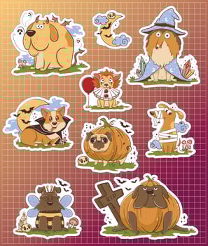 Bundle of stickers with Funny cartoon purebred dogs in Halloween costumes. Scary funny character for halloween. Vector illustration of pets.