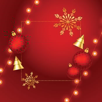Christmas background with shining stars, confetti, garland and colorful balls. New year and Christmas vector card illustration on red background