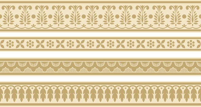 Vector set of seamless gold indian national ornament. Ethnic endless plant border. Flowers frame. Poppies and leaves