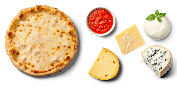 Four cheeses Pizza with ingredients, Tomato sauce, Mozzarella cheese, Parmesan cheese, Gorgonzola, blue cheese, Fontina, provolone cheese, on transparent background png