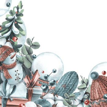 Winter, New Year, Christmas border with snowman, knitted things, cotton, Christmas balls, toys, gifts. Watercolor illustration hand drawn, template png