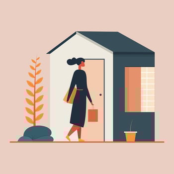 woman back home from market carrying shopping bag vector