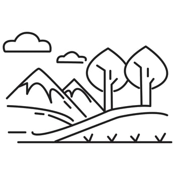 a line drawing of a mountain landscape with trees and a road vector