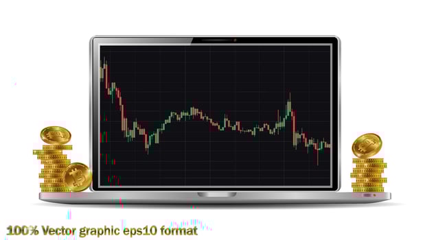 Business and Global Financial Connections, Cryptocurrency, Bitcoin Trading, Online Banking and Money Transfer Concept Design, Vector Illustration with Wireframe and Laptop Computer