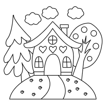 a house with hearts and trees coloring page vector