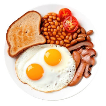 English breakfast with eggs, bacon and beans png