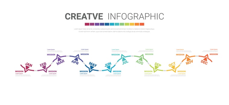 Timeline for 1 year, calendar, 12 months, Presentation business 4 quarter can be used for workflow, process diagram, flow chart vector