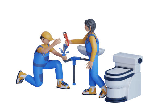 3D illustration of Water Pipe Leak Repair. Plumber in the bathroom, plumbing repair service, using an adjustable wrench to repair leaking sinks. png