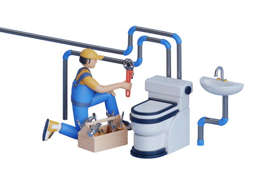A male plumber inspects pipes for the central water supply of the toilet. Plumber in the bathroom, plumbing repair service. 3D illustration png