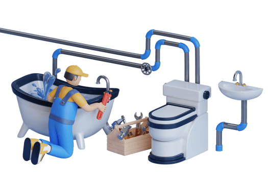 a man uses a wrench and sticky tape to repair a water tap in a bathtub. A man is affixing a shower faucet to the location. 3D illustration png