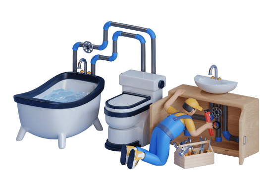 A plumbing technician uses a wrench to fix a water line under the sink. A plumber is repairing a leaking pipe beneath the kitchen sink. 3D illustration png