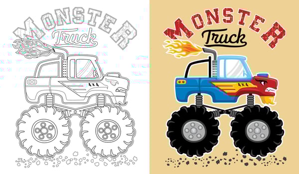 Vector illustration of monster truck cartoon. Coloring book or page