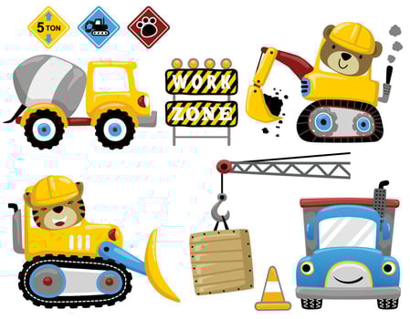 Set of construction element with funny animals, vector cartoon illustration