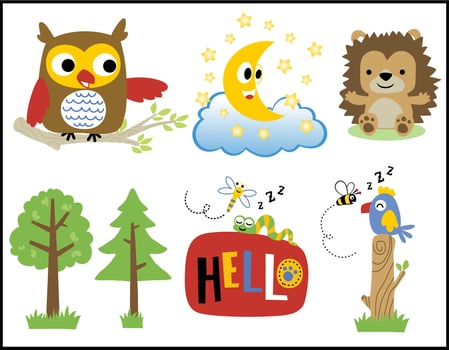 Group of funny woodland animals cartoon with funny crescent moon vector