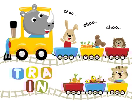 Funny animals cartoon with foods on steam train vector