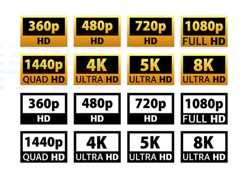 Video and TV Size Resolution sd, hd, Ultra Hd, 4k, 8k. Screen display resolution. vector