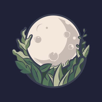 Vector Illustration of full moon with green plant ornaments